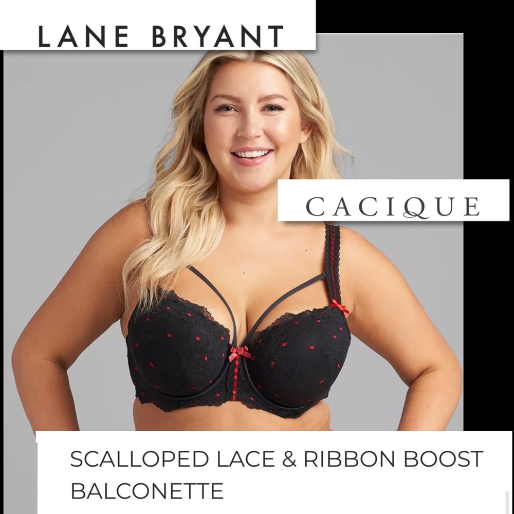 Cacique Black & Red Scalloped Lace & Ribbon Boost Balconette 46DD NWT